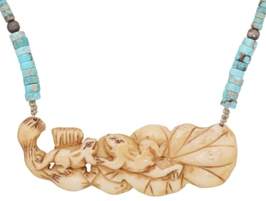 CARVED FROG PENDANT ON TURQUOISE BEADED NECKLACE