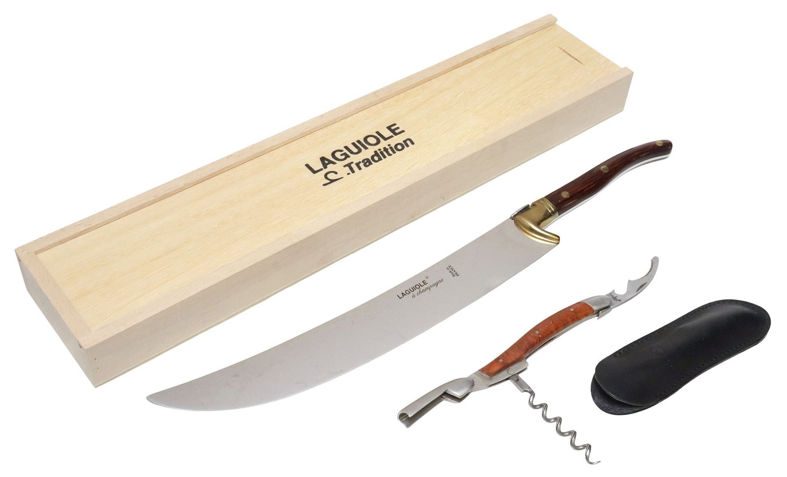 (2) FRENCH FORGE DE LAGUIOLE WOOD CHAMPAGNE SABER & WINE CORKSCREW: (lot of 2) French Forge de Laguiole knife and corkscrew, each with wood handle, maker's mark at side, including: (1) champagne saber, with gilt metal chappe, dark grained handle, housed in Laguiol