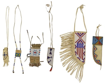 (6) NATIVE AMERICAN BEADED BAGS, SHEATHS