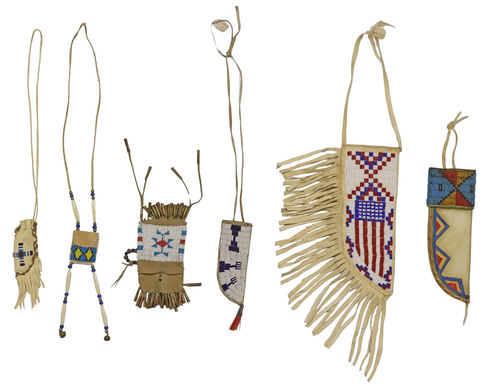 (6) NATIVE AMERICAN BEADED BAGS, SHEATHS: (lot of 6) Late 20th century beaded items from the Oglala Lakota Sioux Reservation, Pine Ridge, South Dakota including; (1) deer hide knife sheath with beaded red, white and blue 