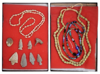 (12) GLASS & SHELL TRADE BEAD NECKLACES & STONE POINTS IN RIKER BOXES
