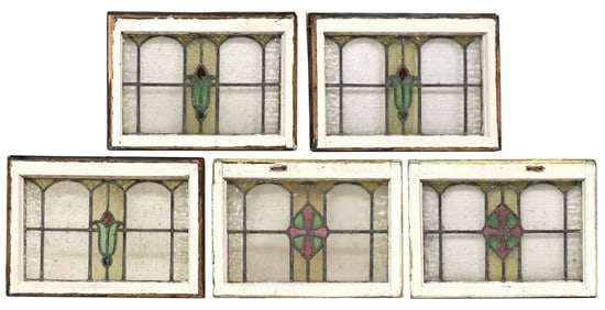 (5) ENGLISH STAINED & LEADED GLASS ARCHITECTURAL WINDOWS