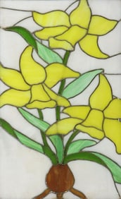 FRAMED STAINED & LEADED GLASS PANEL DAFFODILS, 39.5"H