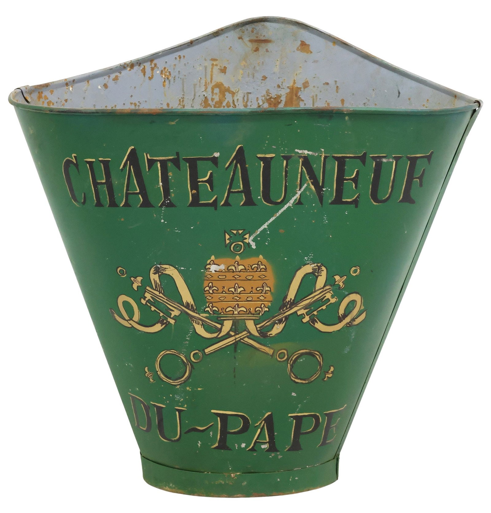 FRENCH VINEYARD PAINTED METAL GRAPE PICKER'S HOTTE: French paint decorated galvanized metal grape picker's hotte/ hod, 20th c., stenciled Chateauneuf Du Pape logo with Saint Peter's keys and papal tiara, retaining worn leather straps, appr