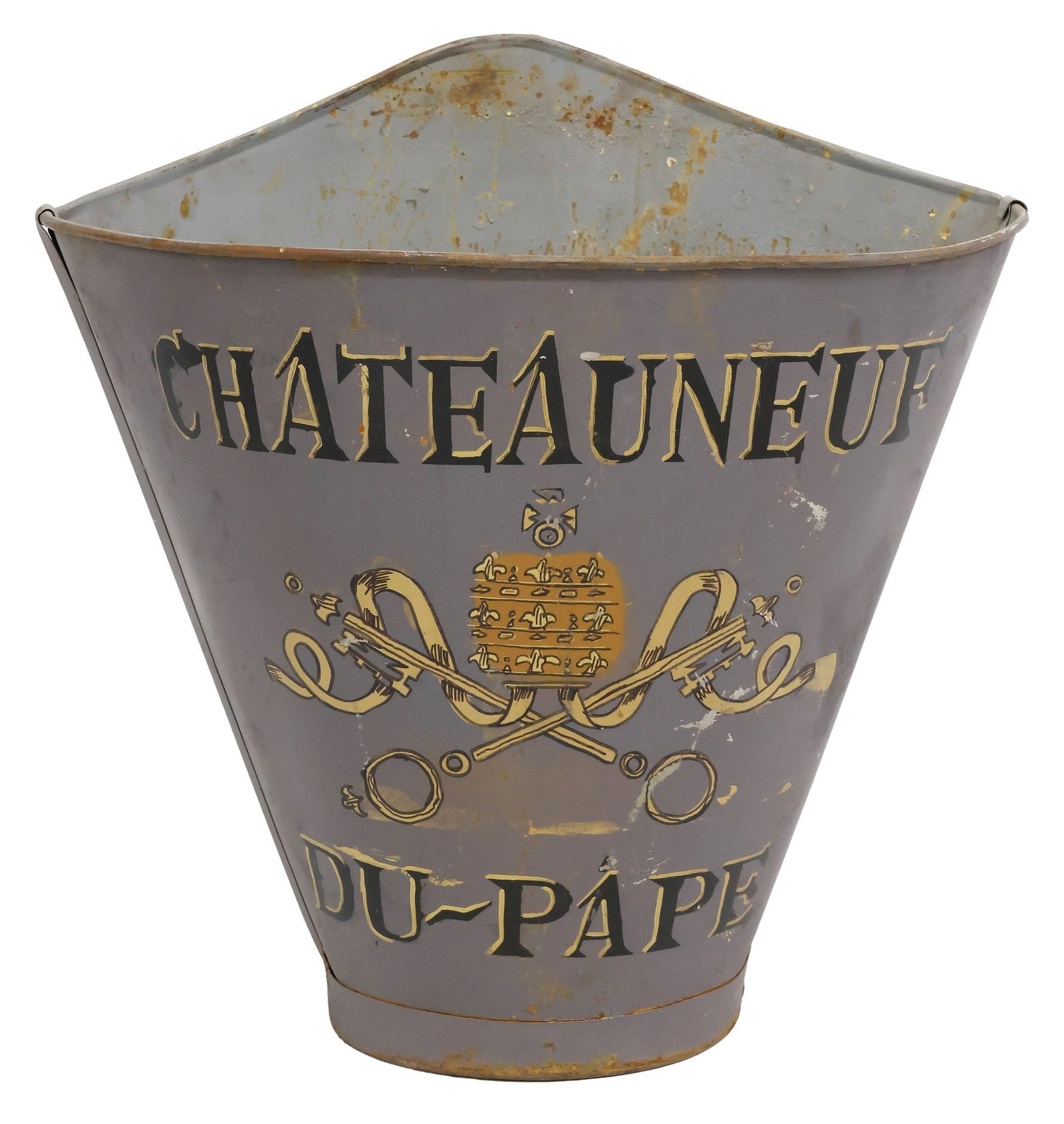 FRENCH VINEYARD PAINTED METAL GRAPE PICKER'S HOTTE: French paint decorated galvanized metal grape picker's hotte/ hod, 20th c., stenciled Chateauneuf Du Pape logo with Saint Peter's keys and papal tiara, retaining worn leather straps, appr
