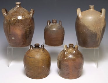 (5) FRENCH PROVINCIAL STONEWARE OIL JUGS
