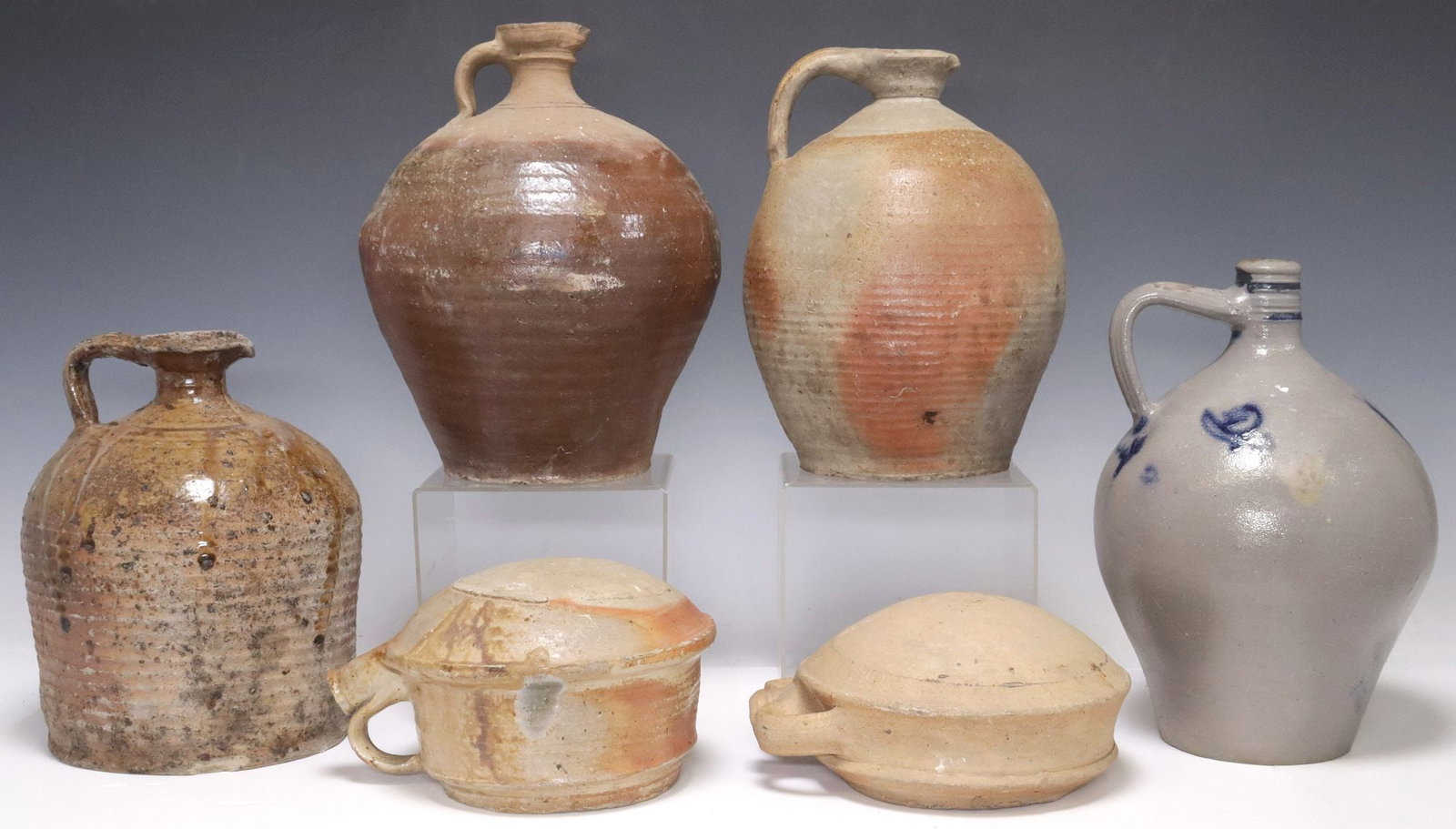 (6) FRENCH PROVINCIAL STONEWARE PITCHERS, CANTEENS & SALT-GLAZED JUG: (lot of 6) French Provincial stoneware vessels, including: (3) pitchers/ water jugs, each with pinched spout and rolled handle, (2) canteens, having one flat and one domed side, with narrow spout, tog
