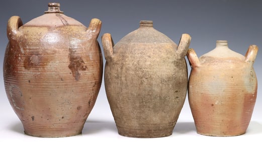 (3) FRENCH PROVINCIAL STONEWARE OIL JUGS