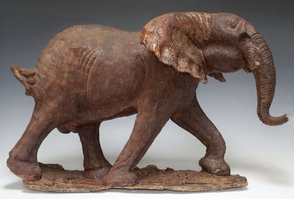 LARGE CARVED HARDWOOD FIGURAL ELEPHANT SCULPTURE, 14"H