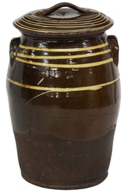 LARGE GLAZED TERRACOTTA SLIPWARE-DECORATED COVERED POT, 24"H