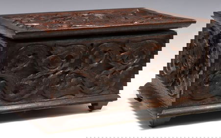 ENGLISH VICTORIAN CARVED OAK TABLE BOX WITH MYTHICAL GRIFFINS
