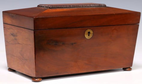 ENGLISH REGENCY PERIOD MAHOGANY SARCOPHAGUS-FORM TEA CADDY