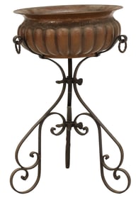 ITALIAN HAMMERED COPPER PLANTER ON WROUGHT IRON STAND