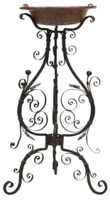 ITALIAN HAMMERED COPPER PLANTER ON WROUGHT IRON STAND