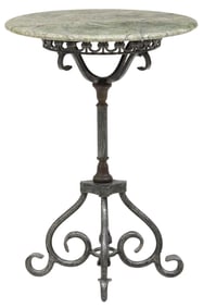MARBLE-TOP WROUGHT IRON PEDESTAL SIDE TABLE