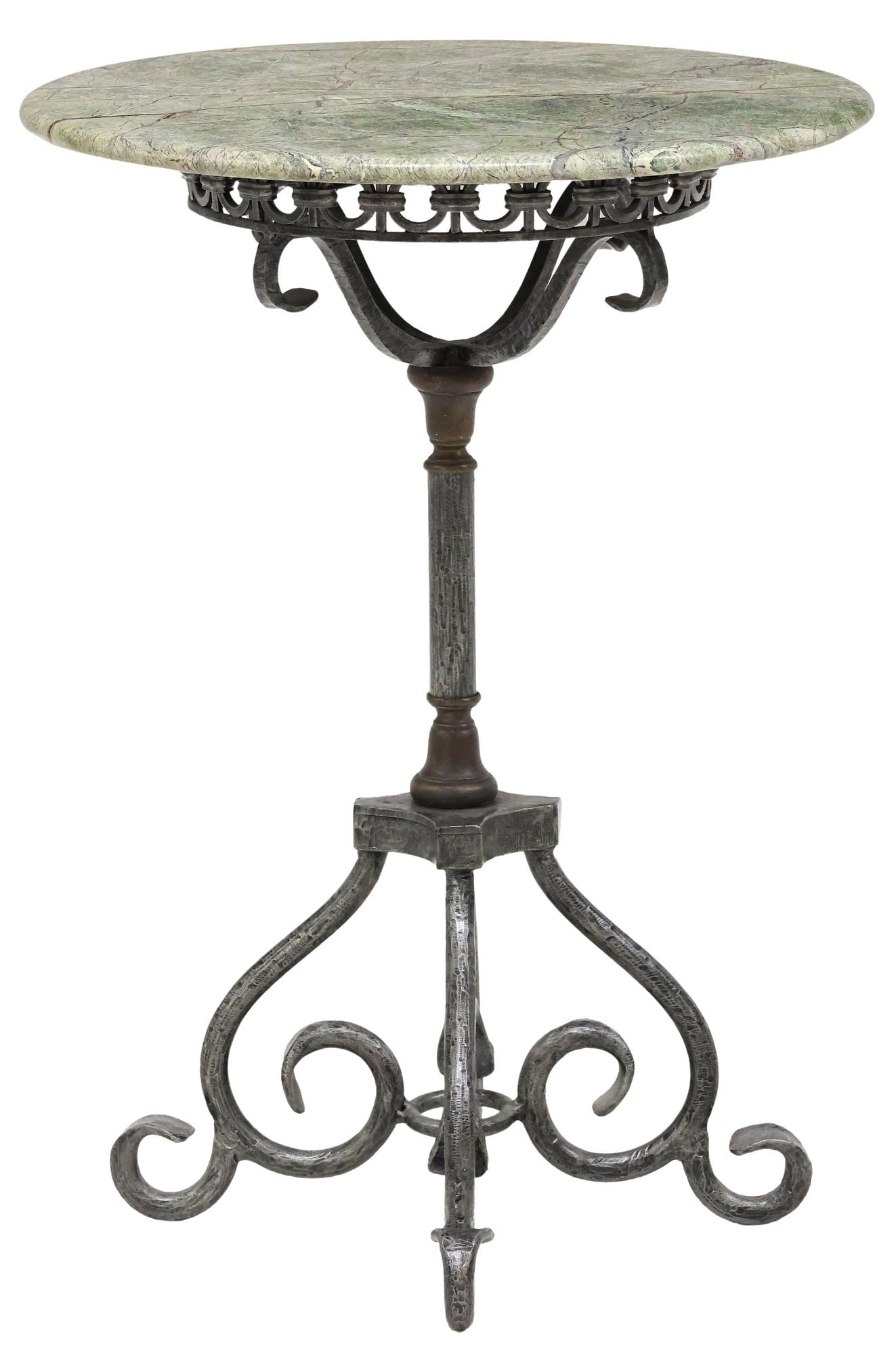 MARBLE-TOP WROUGHT IRON PEDESTAL SIDE TABLE: Wrought iron side table, late 20th c., having circular green marble top, over turned standard, ending on scrolled quadripartite base, approx 29.75"h, 21.75"w, 21.75"d