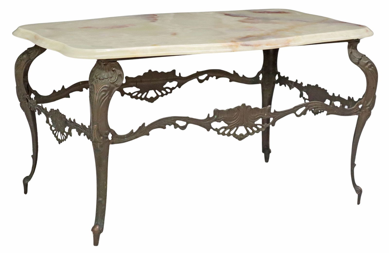 ITALIAN LOUIS XV STYLE ONYX-TOP PATINATED METAL COFFEE TABLE: Italian Louis XV style coffee table, 20th c., having shaped onyx top, raised on patinated metal frame with scrolled foliate cabriole legs joined by pierced stretchers, approx 17"h, 29.5