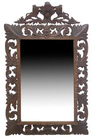 FRENCH CARVED HERALDIC LIONS BEVELED MIRROR, 47" X 29.5"