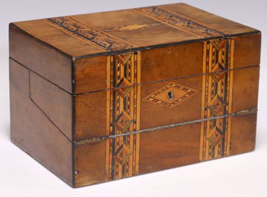 SMALL ENGLISH TUNBRIDGE WARE WALNUT WRITING SLOPE/ TRAVEL DESK