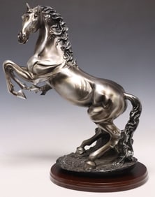 SILVER-TONE CAST RESIN EQUESTRIAN SCULPTURE, REARING STALLION
