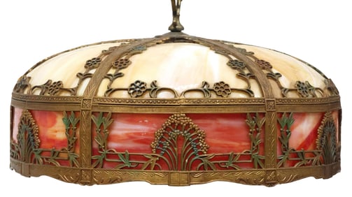 AMERICAN GILT METAL OVERLAY SLAG GLASS DOMED 3-LIGHT CEILING LAMP