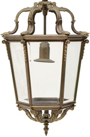 ITALIAN PATINATED BRONZE & BEVELED GLASS HANGING LANTERN