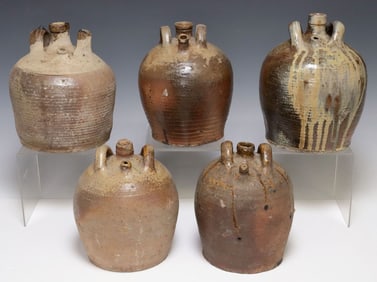 (5) FRENCH PROVINCIAL STONEWARE OIL JUGS