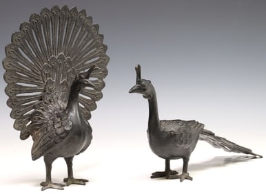 (2) LARGE CAST IRON PEACOCK FIGURES