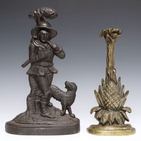 (2) ENGLISH VICTORIAN CAST METAL DOOR PORTERS WOODSMAN & PINEAPPLE