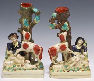 (2) STAFFORDSHIRE STYLE FIGURAL SPILL VASES