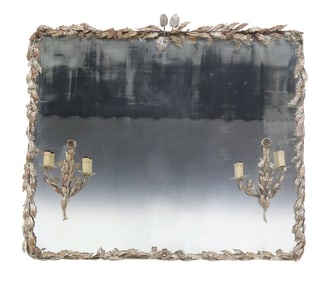 LARGE TOLE-PEINTE IRON-FRAMED MIRROR WITH 2-LIGHT SCONCES