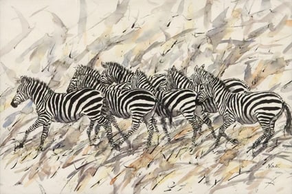 SIGNED WATERCOLOR PAINTING RUNNING ZEBRAS