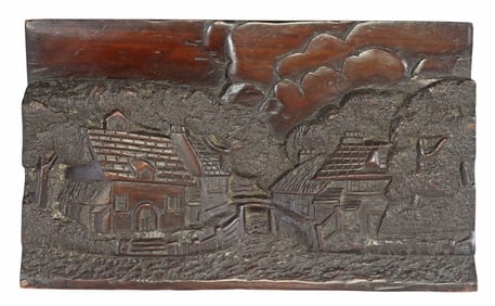 CARVED HARDWOOD RELIEF PLAQUE VILLAGE LANDSCAPE WITH COTTAGES