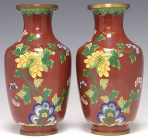 (2) CHINESE CLOISONNE ENAMEL BALUSTER-FORM FLORAL VASES