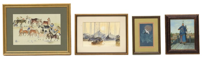 (4) FRAMED ASIAN STYLE PAINTINGS, LAW WATKINS, H. WITTE & OTHER