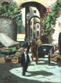 SIGNED ITALIAN SCHOOL PAINTING IMPRESSIONIST STREET SCENE