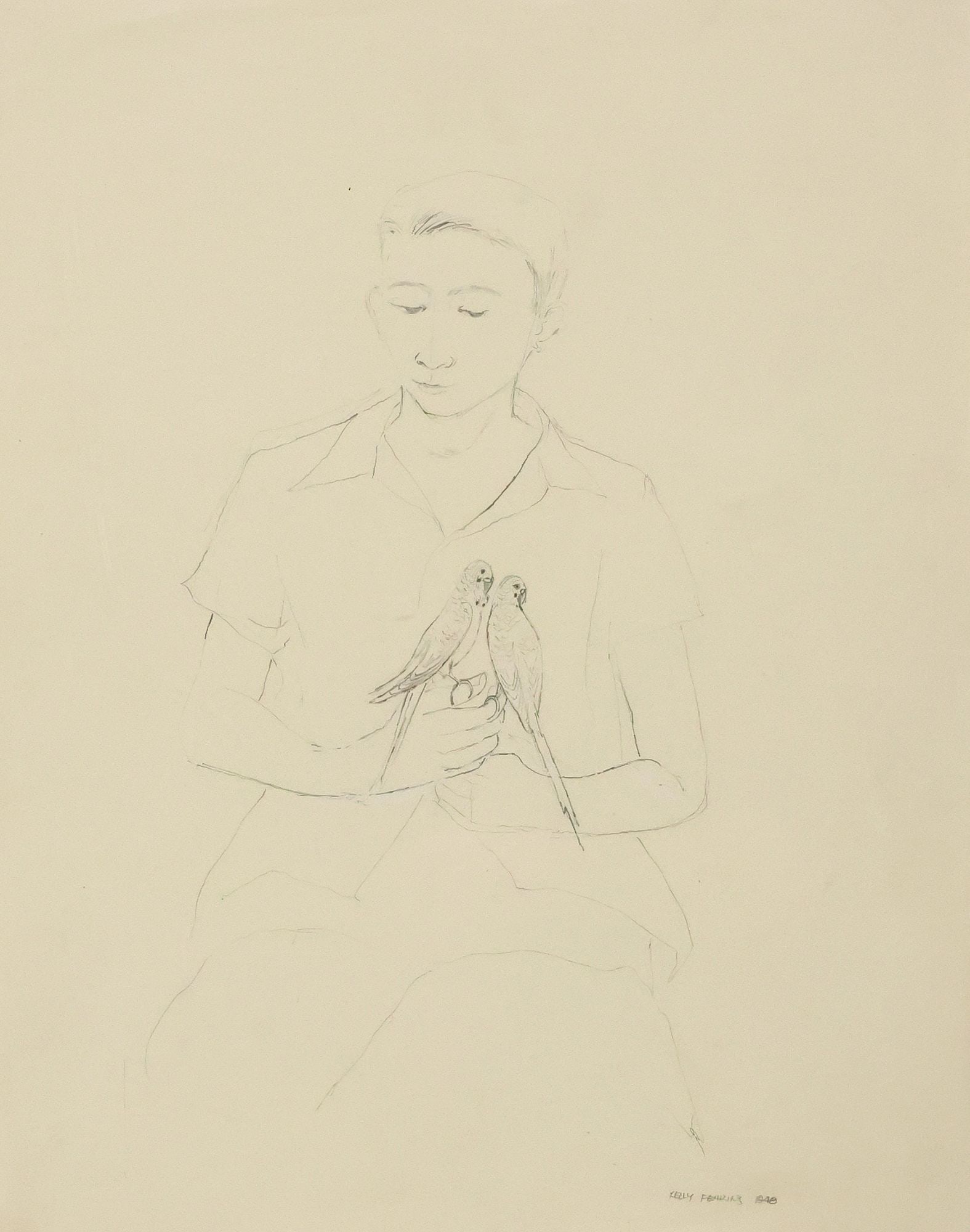 KELLY FEARING (TX, 1918-2011) GRAPHITE SKETCH, BOY WITH PARAKEETS (1 of 5)