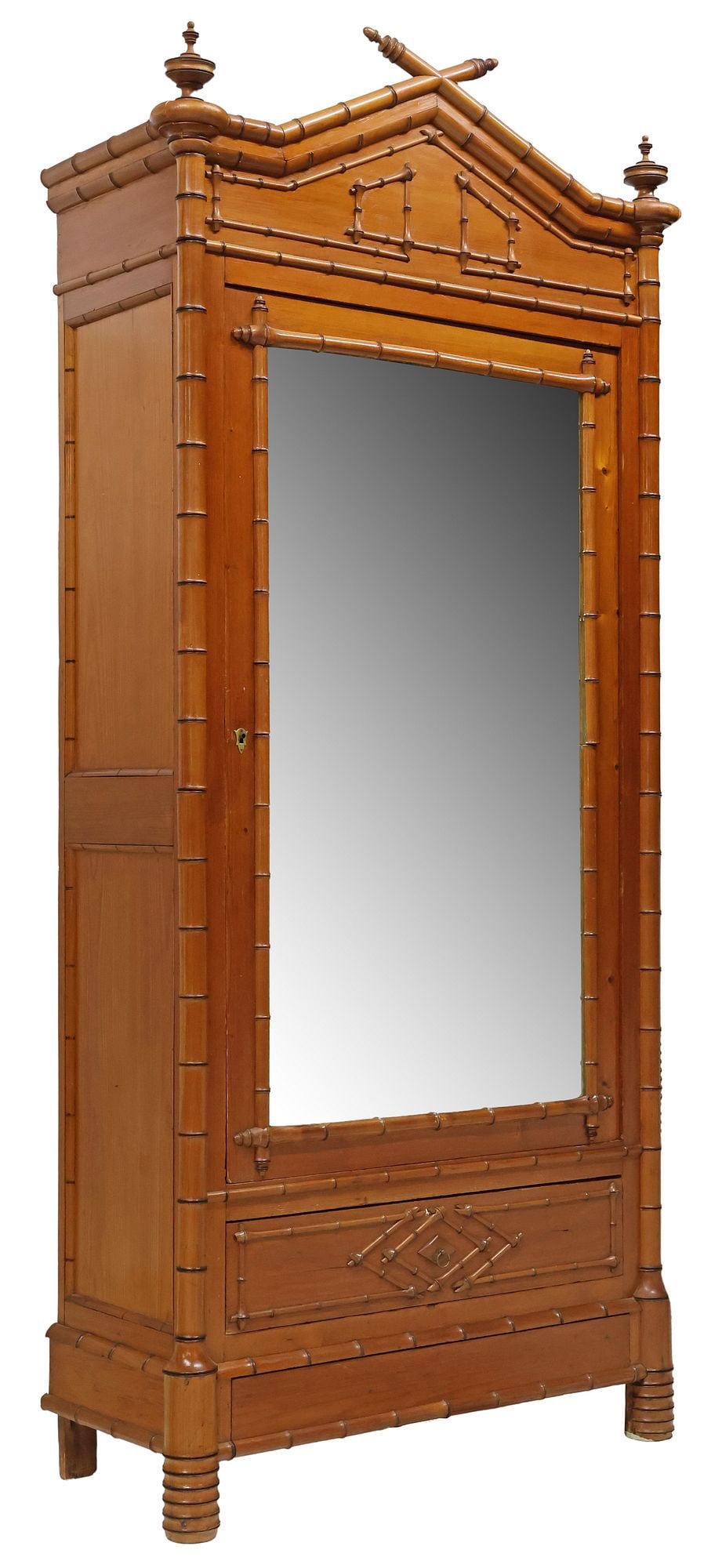 FRENCH PINE MIRRORED ARMOIRE WITH FAUX BAMBOO TURNINGS (1 of 6)
