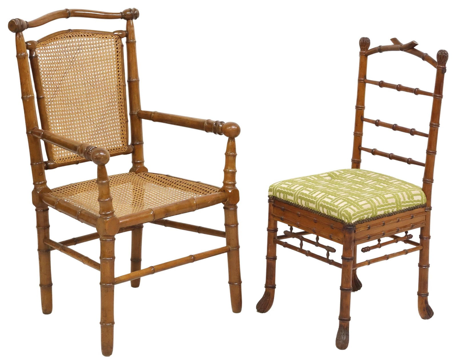 (2) FRENCH FAUX BAMBOO TURNED WOOD CHAIRS, 1 CANED ARMCHAIR (1 of 3)