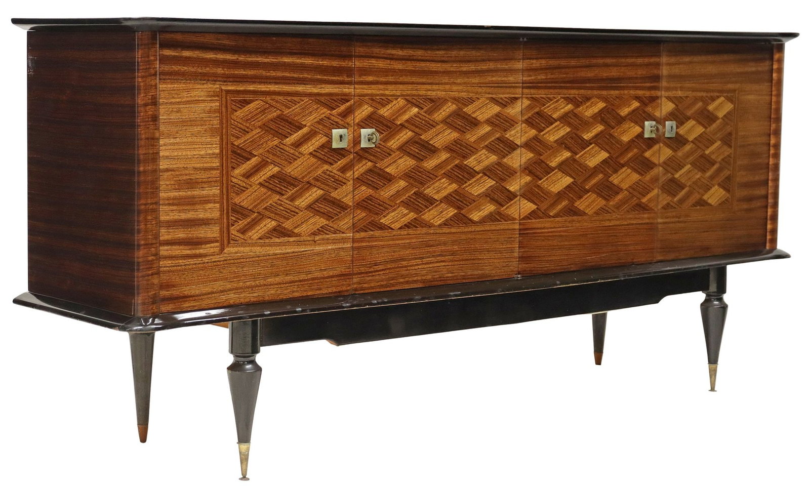 FRENCH MID-CENTURY MODERN LACQUERED SIDEBOARD: French mid-century modern lacquered sideboard, c.1960s, having rectangular top over four cabinet doors, one side with shelved interior, the other side with two drawers and bottle rack, rising on 