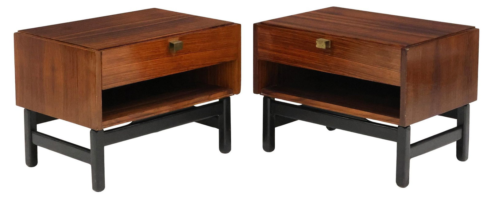 (2) ITALIAN MID-CENTURY MODERN ROSEWOOD LOW NIGHTSTANDS: (pair) Italian mid-century modern rosewood nightstands, c.1960s-1970s, each with a single drawer above an open niche, on stretcher-joined supports, approx 17.5"h, 23.75"w, 17.25"d