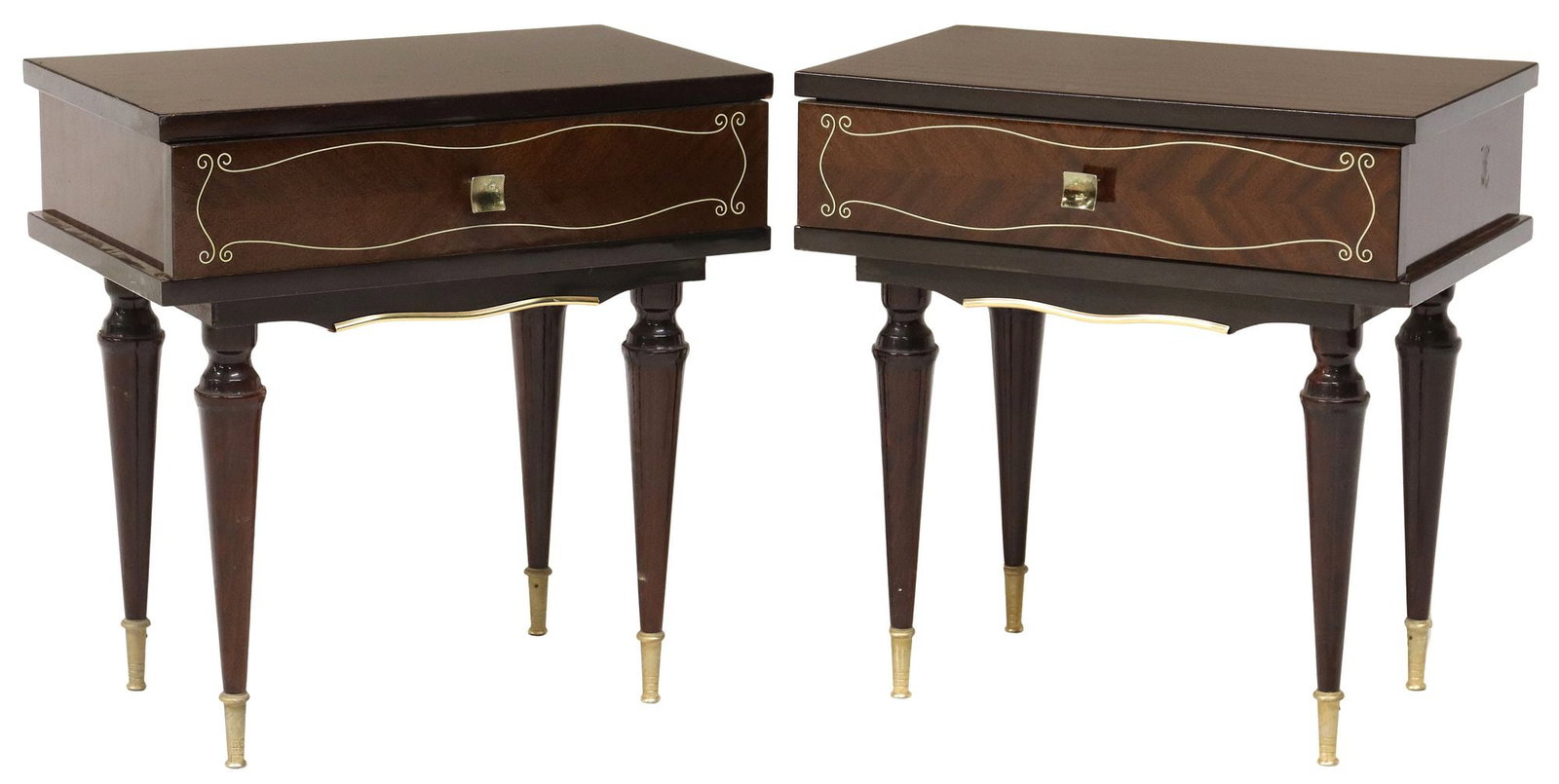 (2) FRENCH MID-CENTURY MODERN LACQUERED NIGHTSTANDS: (pair) French mid-century modern lacquered nightstands, c.1960s, rectangular top, over one drawer with shaped pull, scrolled inlay design, rising on tapered supports, approx 20"h, 19.75"w, 12"d