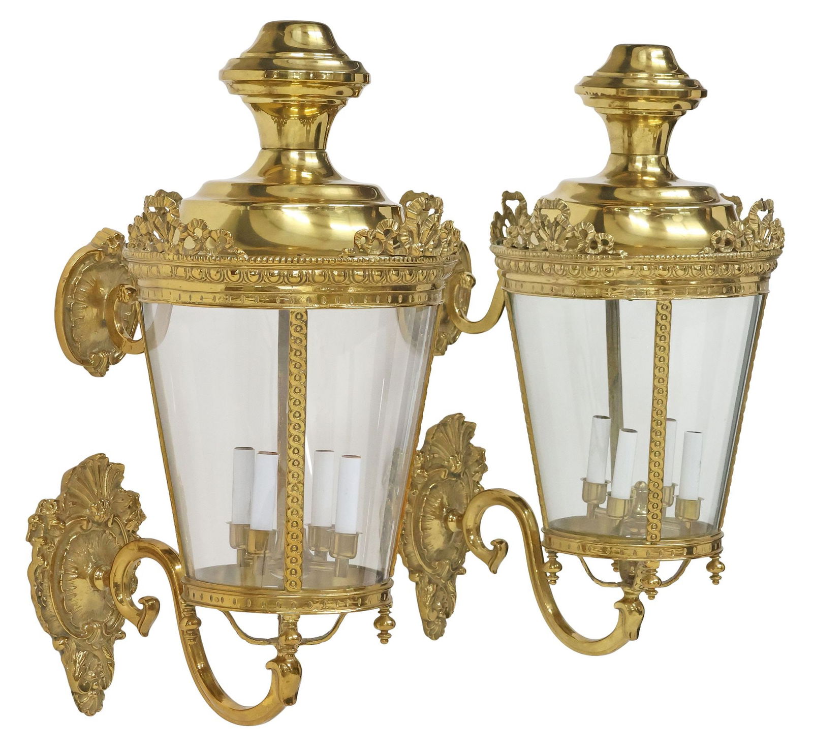 (2) BADARI (ATTRIB.) ITALIAN BRASS & GLASS 4-LT LANTERN WALL SCONCES, 29"H: (pair) Large Italian brass four-light lantern wall sconces, attributed to Badari, Florence, 20th c., each having rounded finial, over tapered case with ribbon crest and molded trim, inset colorless gl