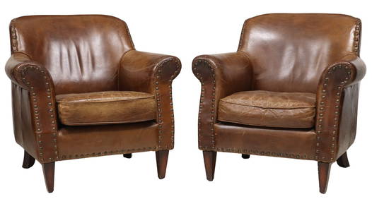 (2) FRENCH PATINATED LEATHER CLUB CHAIRS (1 of 3)