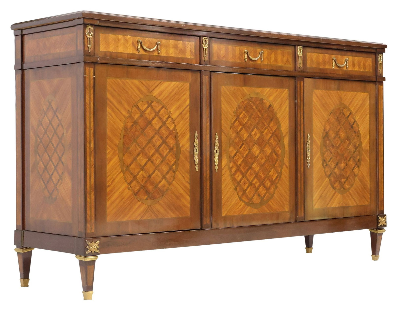 FRENCH LOUIS XVI STYLE PARQUETRY INLAID SIDEBOARD: French Louis XVI style inlaid sideboard, early 20th c., having a rectangular top, over three drawers and three cabinet doors, revealing shelved interior, geometric diamond parquetry, gilt metal mounte