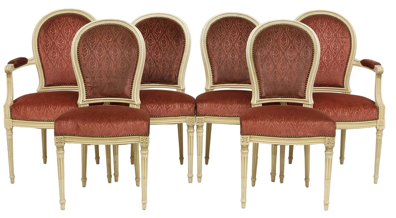 (6) FRENCH LOUIS XVI STYLE WHITE-PAINTED DINING CHAIRS: (lot of 6) French Louis XVI style white-painted dining chairs, early 20th c., each having padded back and seat in patterned fabric upholstery, with nailhead trim, rising on fluted tapered legs, ending