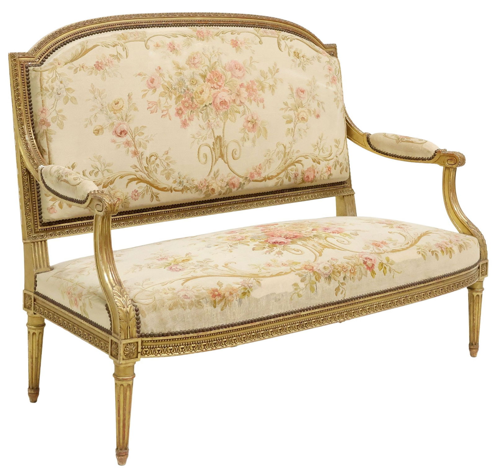 FRENCH LOUIS XVI STYLE TAPESTRY UPHOLSTERED GILTWOOD SETTEE (1 of 4)
