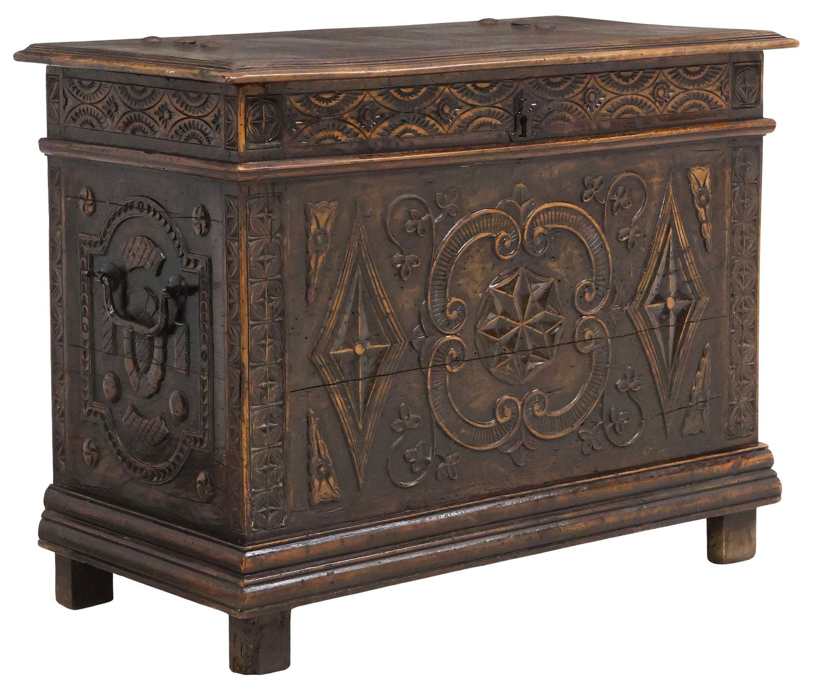 FRENCH BRETON CARVED OAK STORAGE CHEST, 19TH C. (1 of 7)