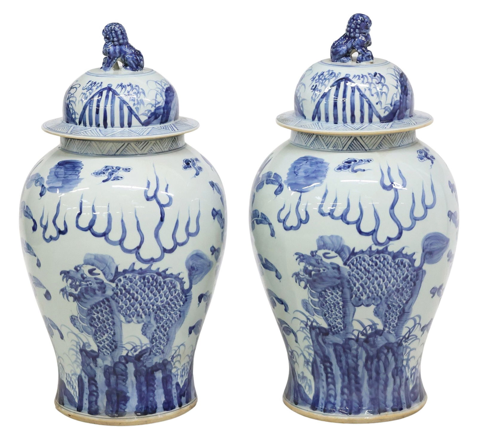 (2) LARGE CHINESE BLUE & WHITE PORCELAIN COVERED TEMPLE JARS, 26"H (1 of 3)