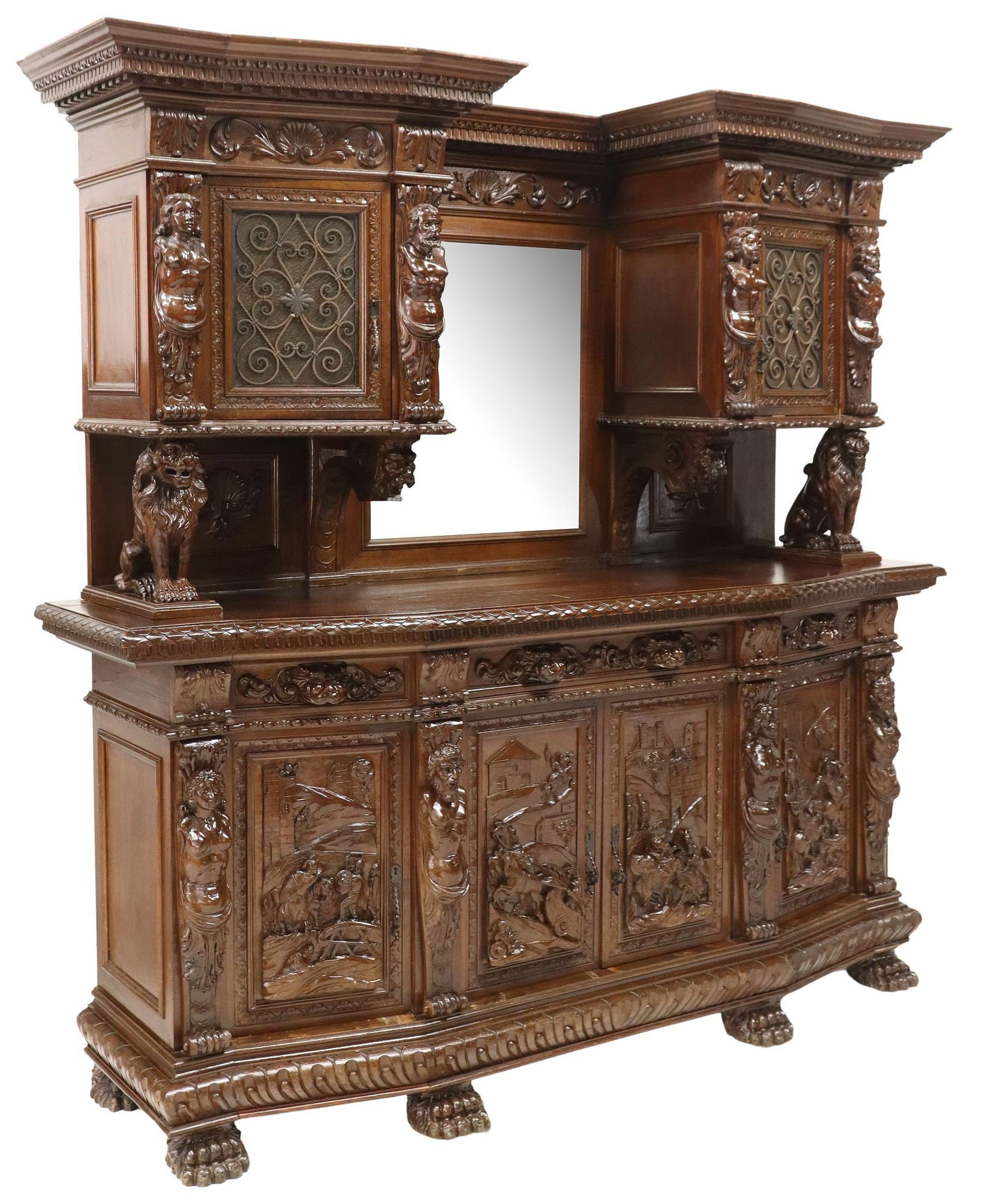 ITALIAN RENAISSANCE REVIVAL CARVED WALNUT KNIGHT & LIONS SIDEBOARD (1 of 8)